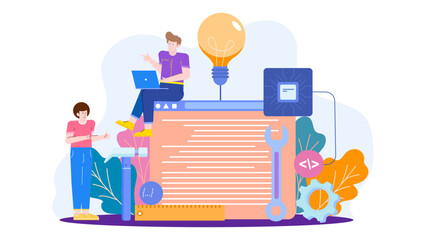Digital illustration of people working on a website suitable for web design, online marketing, teamwork, programming, technology concepts.
