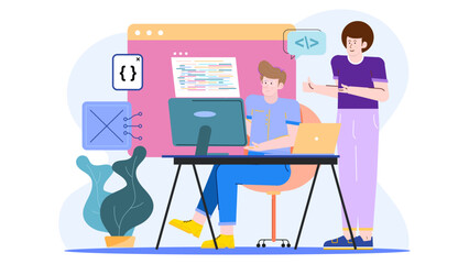 Two people coding on laptop and desktop. Suitable for tech, teamwork, coding concepts. Office, programming, software development themes.