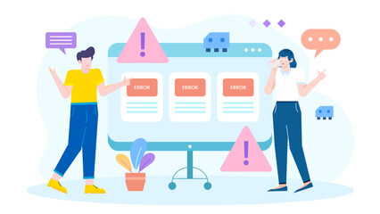 Two people looking at computer error messages. Suitable for technology, IT support, troubleshooting, team collaboration concepts, problem-solving visuals.