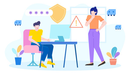 Man and woman discussing security breach. Suitable for cybersecurity concepts, data breach discussions, corporate espionage, and cybersecurity teamwork visuals.