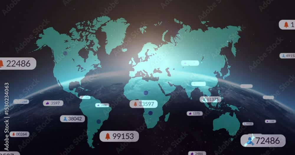 Poster teal world map rising triggers bubbles drifting, linking and visualizing global engagement network