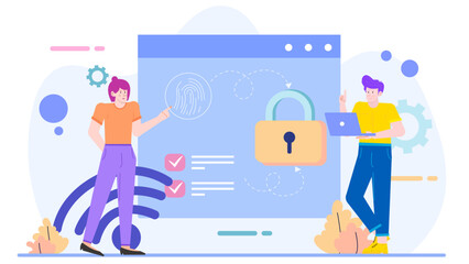 Two people in front of a computer with a padlock and fingerprint, ideal for cybersecurity concepts, data protection, and authentication.