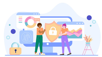 Cybersecurity concept with two people, computer screen, and shield with lock. Perfect for data protection and online security illustrations.
