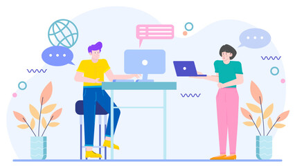 Two people working at a desk, suitable for officerelated concepts, teamwork, collaboration, business meetings, coworking spaces, workplace settings.