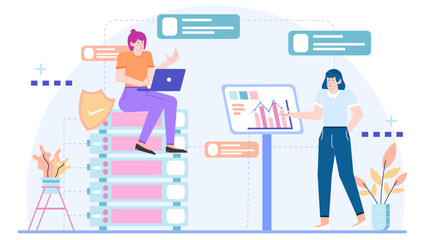 Two women discussing a graph on a whiteboard, suitable for business presentations, team meetings, educational materials, group discussions.