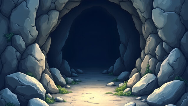 Detailed illustration of a rocky cave entrance surrounded