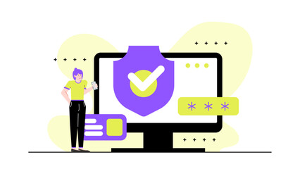 Woman standing by a computer with shield, checkmark, and password field. Conceptual cybersecurity, data protection, internet safety, online privacy design. Suitable for digital security concepts.