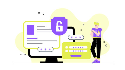 Cybersecurity concept with man at computer screen with password field. Suitable for web security, data protection, online privacy themes.