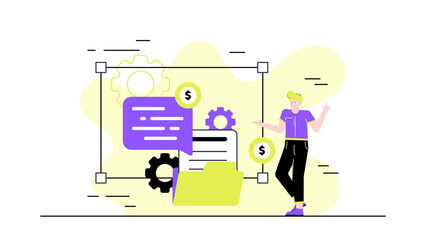 Man standing by a folder with gears and dollar signs. Suitable for finance, business, technology, innovation concepts in designs.