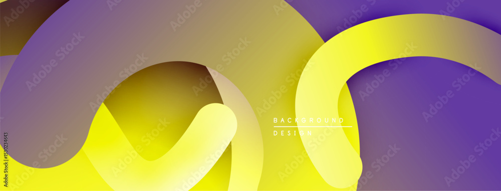 Poster Abstract design features overlapping curved layers. Yellow, purple hues create dynamic visual effect. Modern, minimalist aesthetic.