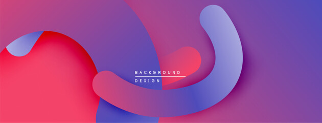 Abstract fluid shapes overlap, creating vibrant purple, pink, blue gradients. Modern design suggests movement, depth, visual interest.