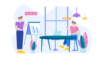 Two men analyzing a bar graph. Perfect for data analysis, business presentations, teamwork concepts, financial discussions, professional meetings visuals.