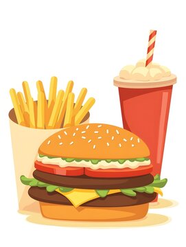 Delicious Fast Food Combo with Burger, Fries, and Drink Illustration