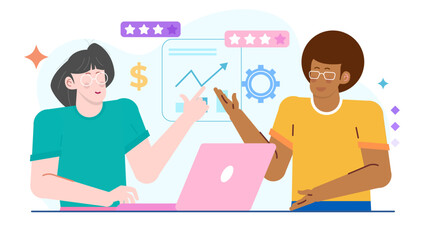 Two people analyzing a graph on a laptop, suitable for business presentations, teamwork concepts, data analysis, and digital communication.