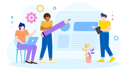 Three people collaborate on a website design project. Suitable for digital marketing, web development, teamwork concepts, and design studio themes.