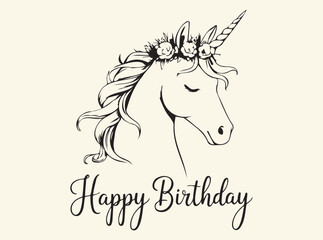 Floral Unicorn Head Illustration with Intricate Flowers and Leaves for Fantasy and Whimsical Themes