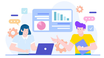 Two people discussing project with varied charts and graphs; suitable for business presentations, teamwork concepts, data analysis, and strategy discussions.