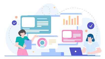 Two women using laptops and looking at data. Perfect for business, technology, teamwork, remote work, and working with computers concepts.