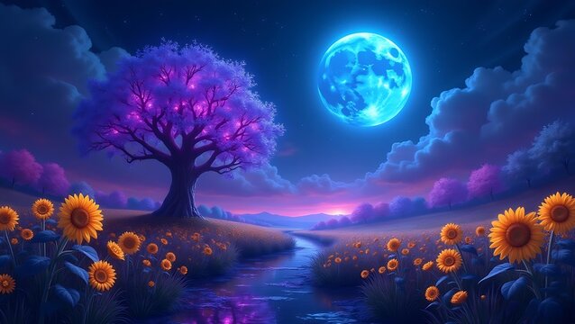 Blue Moon Fantasy - Glowing Purple Tree & Sunflowers 4K