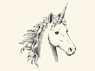 Floral Unicorn Head Illustration with Intricate Flowers and Leaves for Fantasy and Whimsical Themes