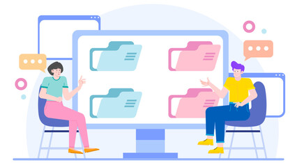 Two people sitting at computer with folders on screen. Suitable for remote work, teamwork, office collaboration, technology concepts.