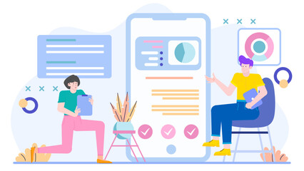 Man and woman discussing work on giant phone. Business communication, teamwork, remote collaboration, technology, virtual meeting concept. Suitable for marketing materials.