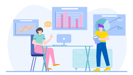 Two people discussing graphs and charts in an office, suitable for financial presentations, business reports, teamwork concepts in professional settings.
