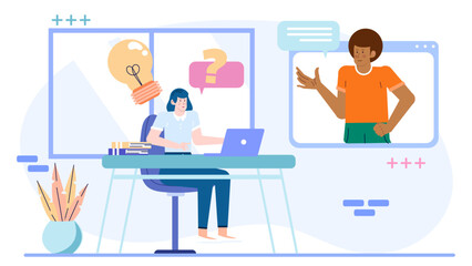 Creative concept of woman working from home with man in video chat with question mark suitable for online communication design projects.