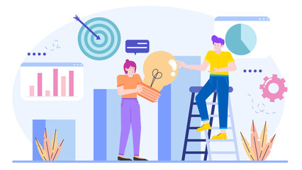 Two people collaborate on a project with a light bulb, ladder, and chart. Ideal for business presentations, teamwork concepts.