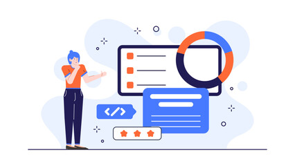 Woman presenting website design with pie chart, suitable for business presentations, digital marketing materials, and web development concept visuals.