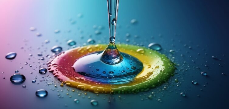 A vibrant close-up shows water droplets merging, creating a colorful liquid rainbow effect on blue