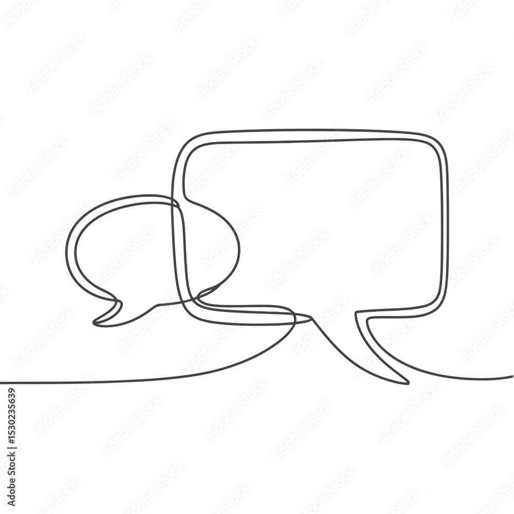 Poster continuous line art two speech bubbles interacting minimalist communication concept