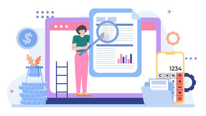 Woman examining a document with a magnifying glass, suitable for business, research, investigation, analysis, inspection, and detective themed projects.