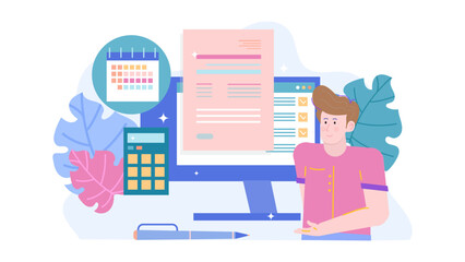 Man calculating and scheduling on computer with calendar, suitable for business, technology, planning, organization concepts in presentations and advertisements.