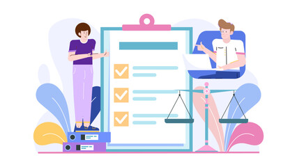 Two people collaborate on a checklist. Suitable for workflow, teamwork, organization, business planning, task management concepts in presentations.