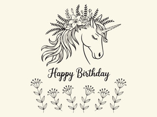 Floral Unicorn Head Illustration with Intricate Flowers and Leaves for Fantasy and Whimsical Themes