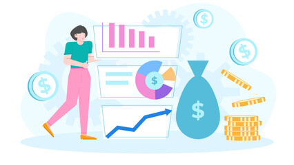 Woman presenting financial data with a money bag, suitable for finance presentations, business reports, and investment related content.