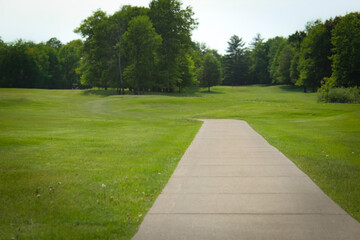 a well-maintained golf course with a paved cart path leading into the distance. nature landscape background. concept of goals, future, and the road ahead