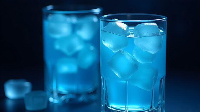 Two glasses with blue liquid and ice cubes against a dark, blurred background.