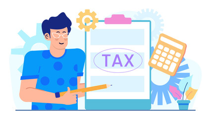 Man using calculator to calculate taxes; suitable for financial, tax relateda, accounting, business, and financial planning concepts in design projects.