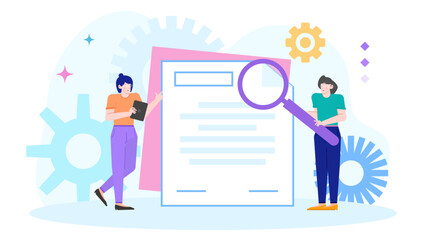 Two people examining a document with a magnifying glass, perfect for concepts of investigation, research, teamwork, analysis, and discovery.