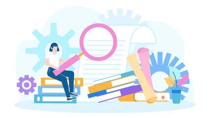 Exploring young girl sits on binders with a magnifying glass. Back to school, education, research, curiosity, learning concepts.