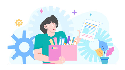 Woman holding box of belongings, leaving job. Suitable for concepts of career change, resignation, moving on, end of employment.