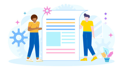 Two people with large paper with lines, suitable for educational or brainstorming concepts, teamwork, strategy planning, or business collaboration.
