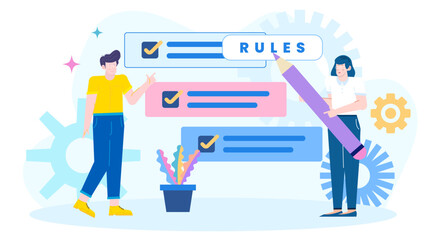 Two people discussing and reviewing a checklist of rules for work or business projects, suitable for presentations or blog posts.