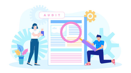 Two people auditing a document, scrutinizing with a magnifying glass. Suitable for business, audit, investigation, teamwork concepts in design projects.