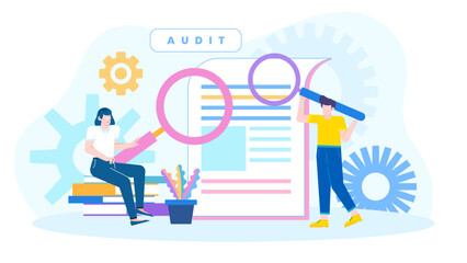 Two people auditing documents with magnifying glasses. Suitable for financial, auditing, investigation, and teamwork concepts in business industries.