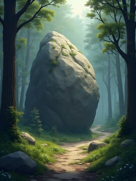 A large rock in the middle of a forest