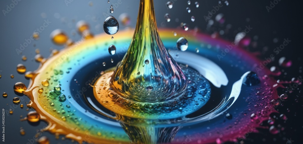Poster dynamic splash of multicolored liquid creates vibrant circular patterns and droplets in suspension.