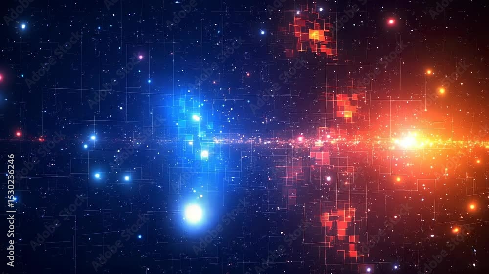 Poster futuristic digital grid with data transmission and cosmic particle effects
